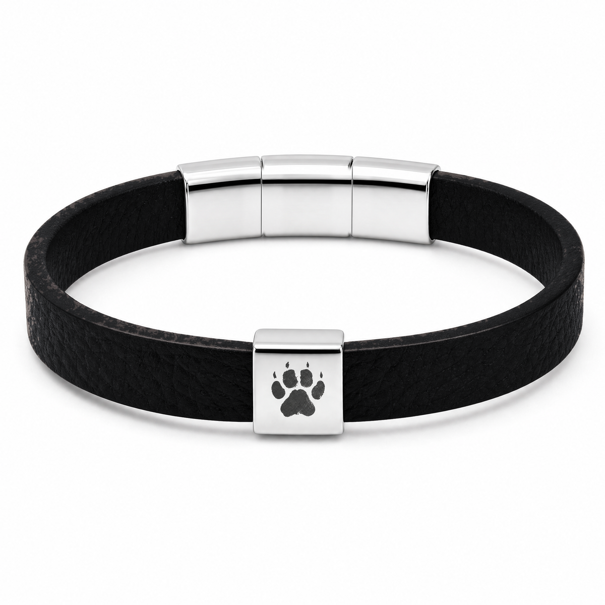 Shepherd Herren-Armband (Schwarz): schwarzes flaches Band mit silberfarbenem Verschluss und Pfotenabdruck