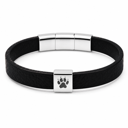 Shepherd Herren-Armband (Schwarz): schwarzes flaches Band mit silberfarbenem Verschluss und Pfotenabdruck