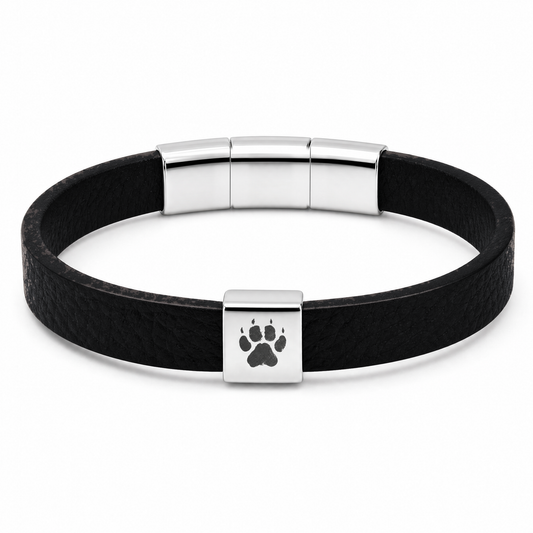 Shepherd Herren-Armband (Schwarz): schwarzes flaches Band mit silberfarbenem Verschluss und Pfotenabdruck