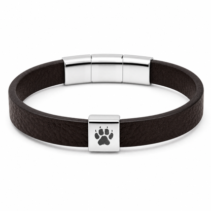 Shepherd Herren-Armband (Dunkelbraun): dunkelbraunes flaches Band mit silberfarbenem Verschluss und Pfotenabdruck