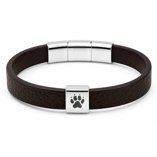 Shepherd Herren-Armband (Dunkelbraun): dunkelbraunes flaches Band mit silberfarbenem Verschluss und Pfotenabdruck
