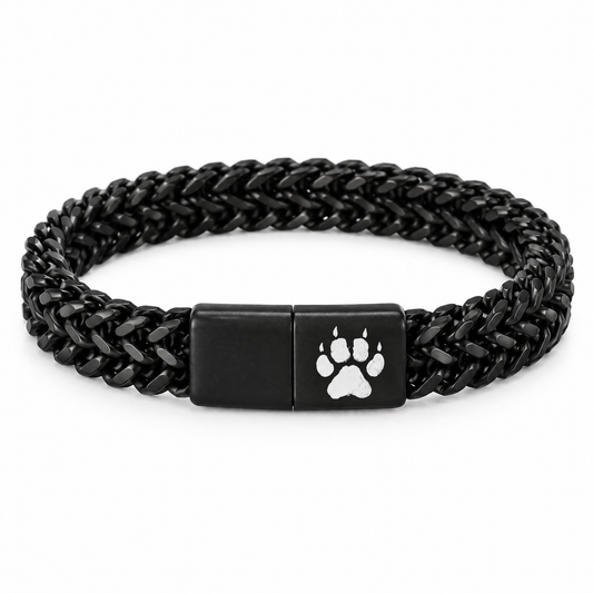 Raven Herren-Armband: schwarze Gliederkette mit mattem schwarzem Verschluss und Pfotenabdruck