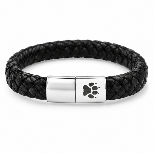 Ranger Herren-Armband: schwarzes geflochtenes Band mit silberfarbenem Verschluss und Pfotenabdruck