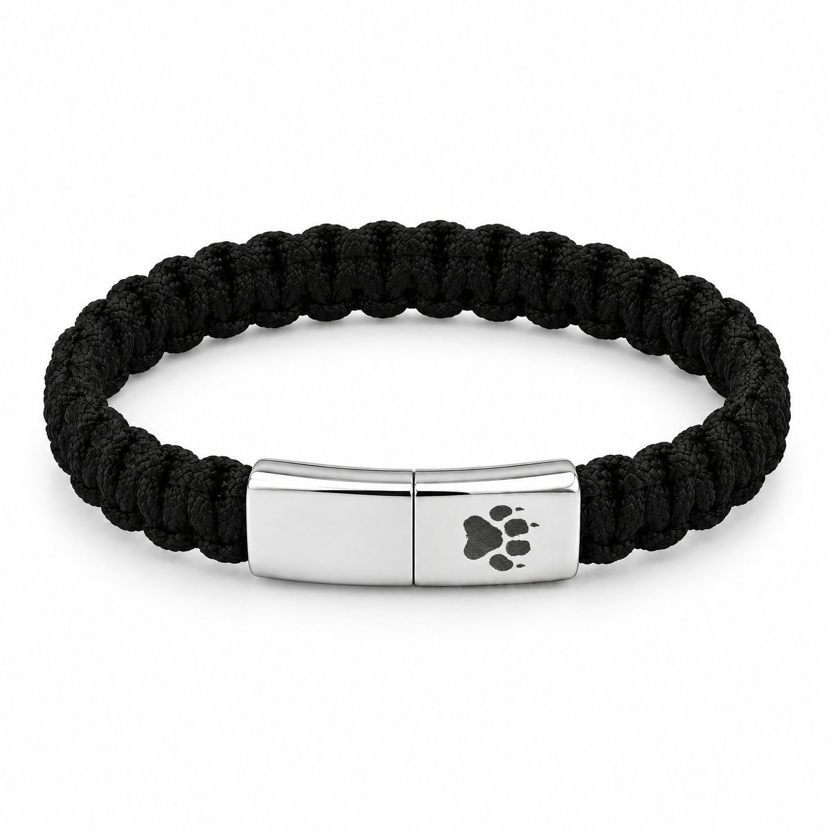 Trail Herren-Armband: schwarzes Kordelband mit silberfarbenem Verschluss und Pfotenabdruck