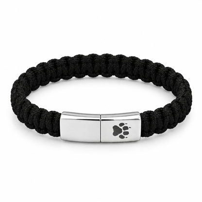 Trail Herren-Armband: schwarzes Kordelband mit silberfarbenem Verschluss und Pfotenabdruck